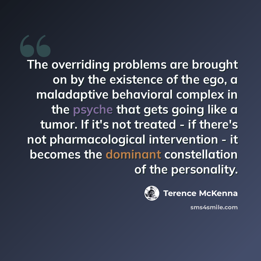 “The overriding problems are brought on by the existence of the ego, a maladaptive behavioral complex in the psyche that gets going like a tumor. If it's not treated - if there's not pharmacological intervention - it becomes the dominant constellation of the personality.” quote by Terence McKenna