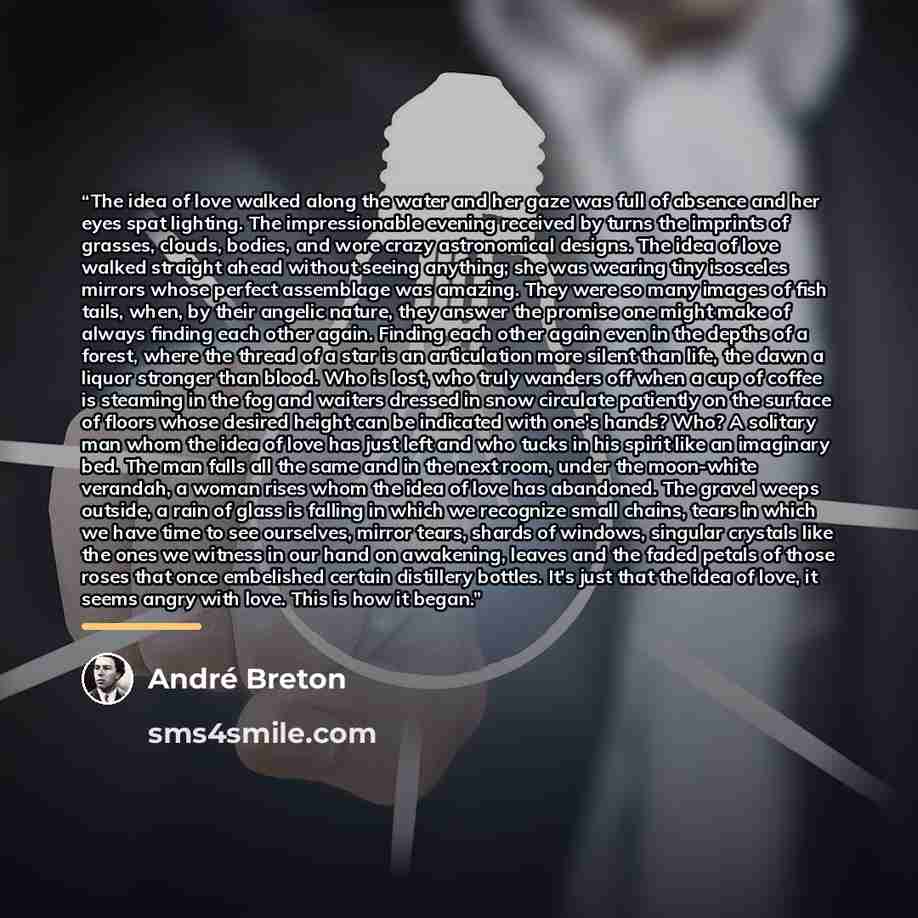 “The idea of love walked along the water and her gaze was full of absence and her eyes spat lighting. The impressionable evening received by turns the imprints of grasses, clouds, bodies, and wore crazy astronomical designs. The idea of love walked straight ahead without seeing anything; she was…” quote by André Breton