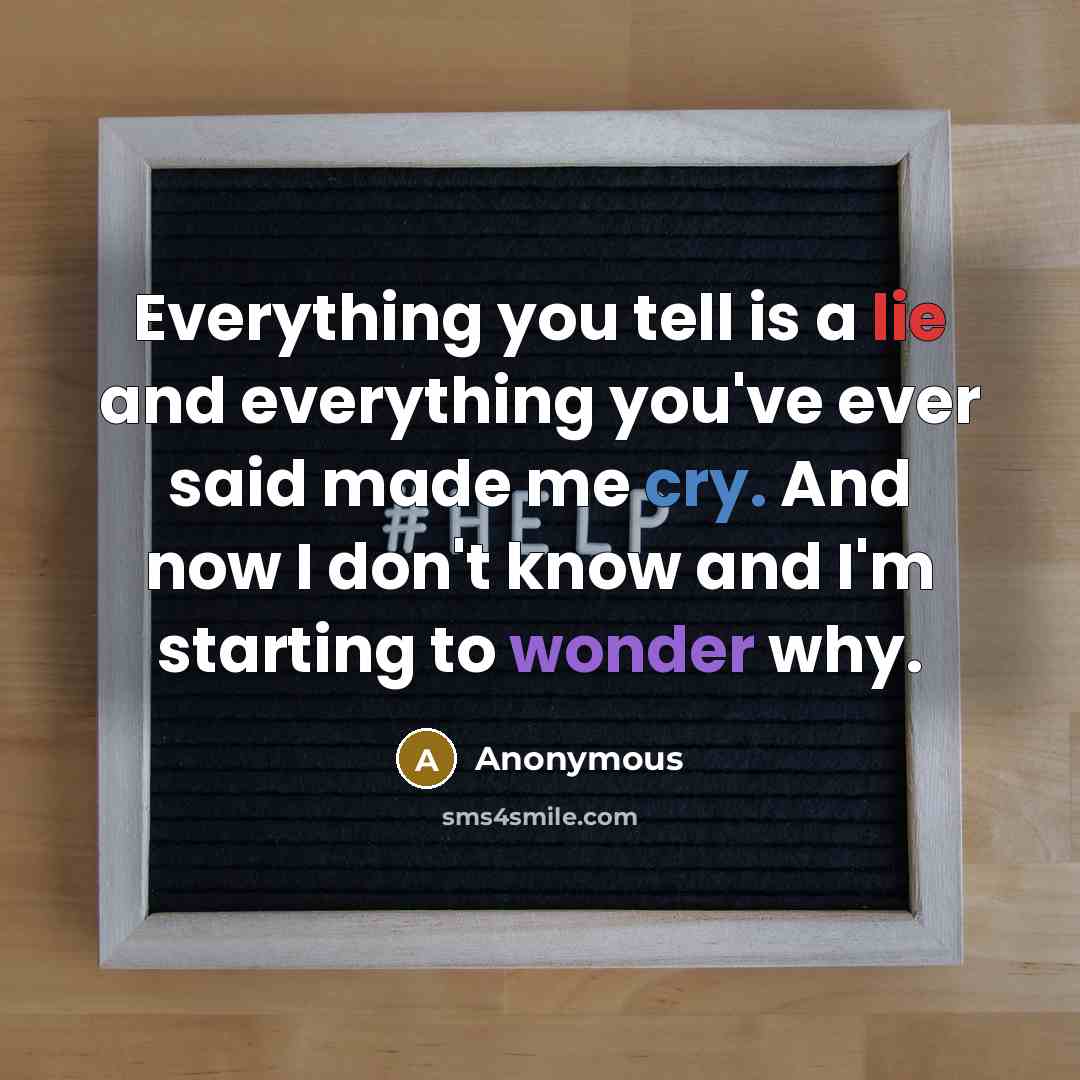“Everything you tell is a lie and everything you've ever said made me cry. And now I don't know and I'm starting to wonder why.” quote by Anonymous