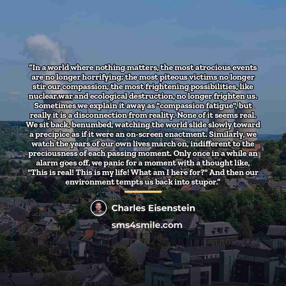 “In a world where nothing matters, the most atrocious events are no longer horrifying; the most piteous victims no longer stir our compassion; the most frightening possibilities, like nuclear war and ecological destruction, no longer frighten us. Sometimes we explain it away as "compassion…” quote by Charles Eisenstein