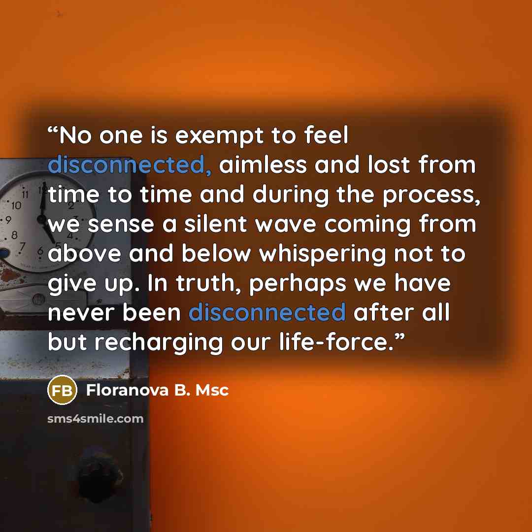“No one is exempt to feel disconnected, aimless and lost from time to time and during the process, we sense a silent wave coming from above and below whispering not to give up. In truth, perhaps we have never been disconnected after all but recharging our life-force.” quote by Floranova B. Msc