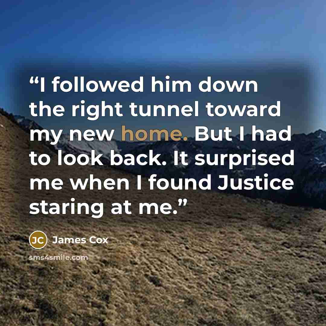 “I followed him down the right tunnel toward my new home. But I had to look back. It surprised me when I found Justice staring at me.” quote by James Cox