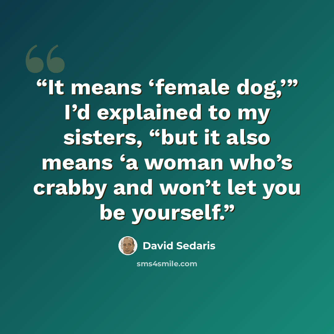 “It means ‘female dog,’” I’d explained to my sisters, “but it also means ‘a woman who’s crabby and won’t let you be yourself.” quote by David Sedaris