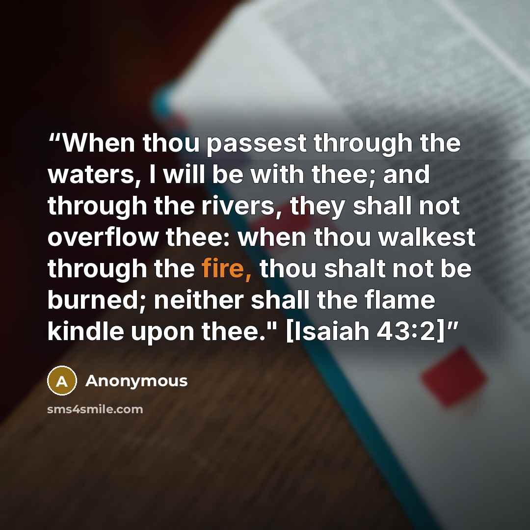 “When thou passest through the waters, I will be with thee; and through the rivers, they shall not overflow thee: when thou walkest through the fire, thou shalt not be burned; neither shall the flame kindle upon thee." [Isaiah 43:2]” quote by Anonymous