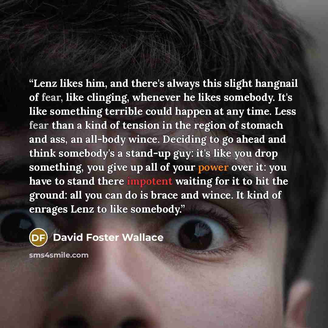“Lenz likes him, and there's always this slight hangnail of fear, like clinging, whenever he likes somebody. It's like something terrible could happen at any time. Less fear than a kind of tension in the region of stomach and ass, an all-body wince. Deciding to go ahead and think somebody's a…” quote by David Foster Wallace
