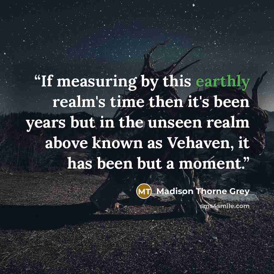 “If measuring by this earthly realm's time then it's been years but in the unseen realm above known as Vehaven, it has been but a moment.” quote by Madison Thorne Grey