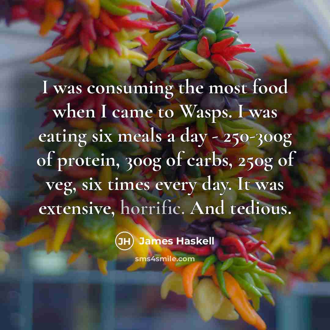“I was consuming the most food when I came to Wasps. I was eating six meals a day - 250-300g of protein, 300g of carbs, 250g of veg, six times every day. It was extensive, horrific. And tedious.” quote by James Haskell