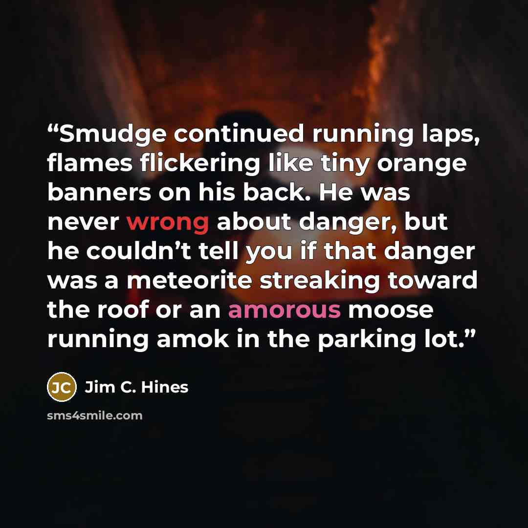 “Smudge continued running laps, flames flickering like tiny orange banners on his back. He was never wrong about danger, but he couldn’t tell you if that danger was a meteorite streaking toward the roof or an amorous moose running amok in the parking lot.” quote by Jim C. Hines