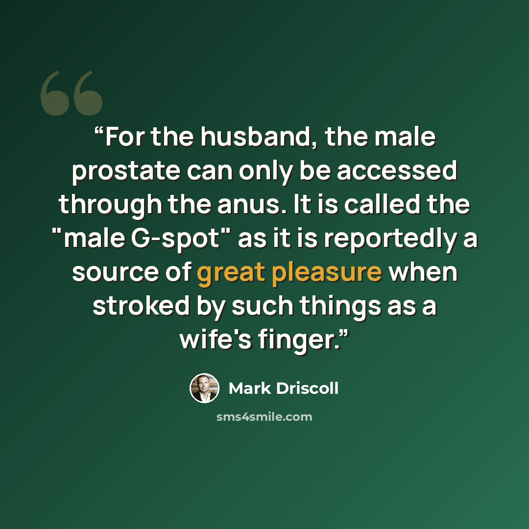 “For the husband, the male prostate can only be accessed through the anus. It is called the "male G-spot" as it is reportedly a source of great pleasure when stroked by such things as a wife's finger.” quote by Mark Driscoll