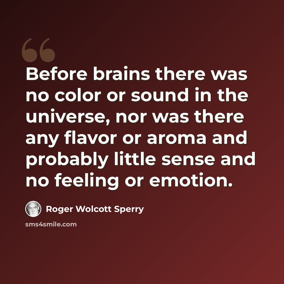 “Before brains there was no color or sound in the universe, nor was there any flavor or aroma and probably little sense and no feeling or emotion.” quote by Roger Wolcott Sperry