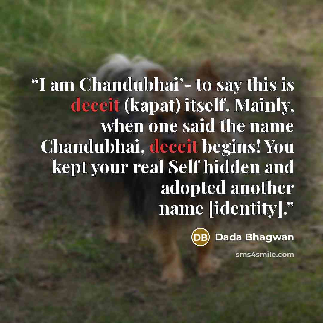 “I am Chandubhai’- to say this is deceit (kapat) itself. Mainly, when one said the name Chandubhai, deceit begins! You kept your real Self hidden and adopted another name [identity].” quote by Dada Bhagwan