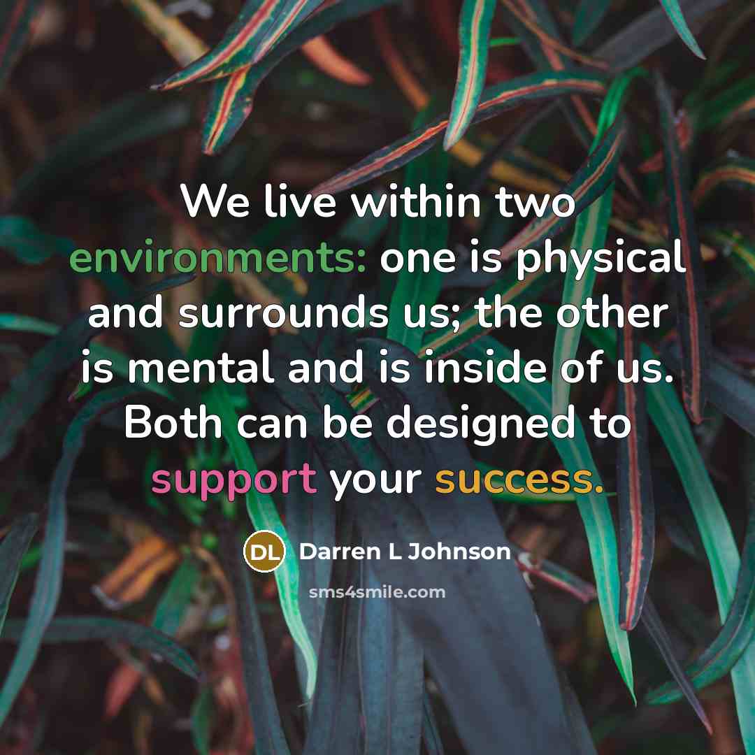“We live within two environments: one is physical and surrounds us; the other is mental and is inside of us. Both can be designed to support your success.” quote by Darren L Johnson