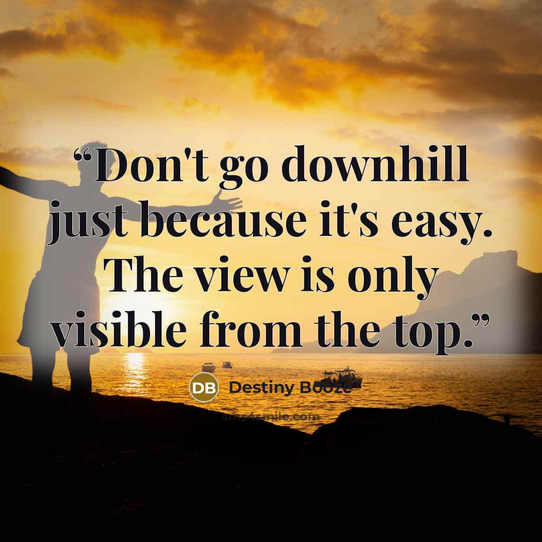 “Don't go downhill just because it's easy. The view is only visible from the top.” quote by Destiny Booze
