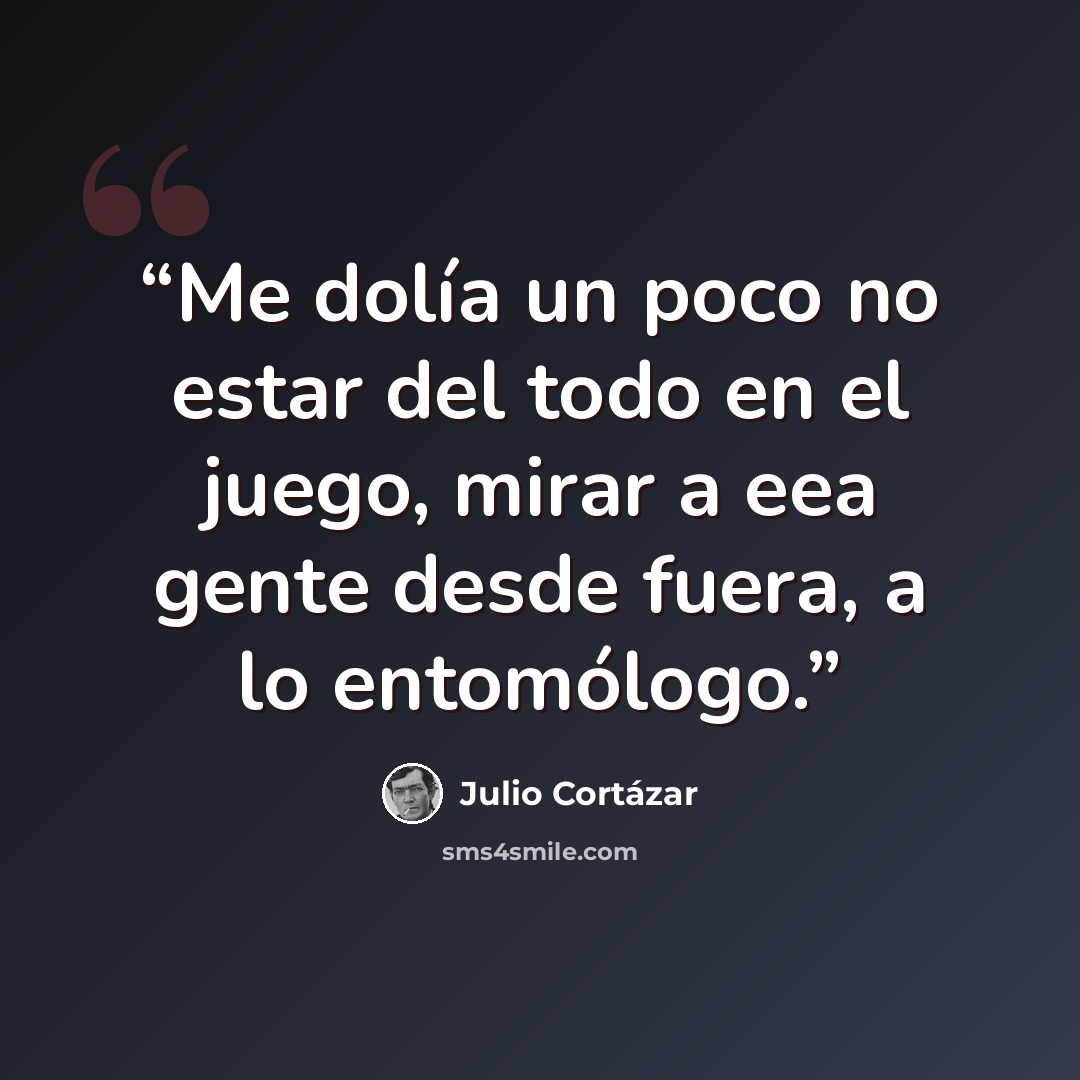 “Me dolía un poco no estar del todo en el juego, mirar a eea gente desde fuera, a lo entomólogo.” quote by Julio Cortázar