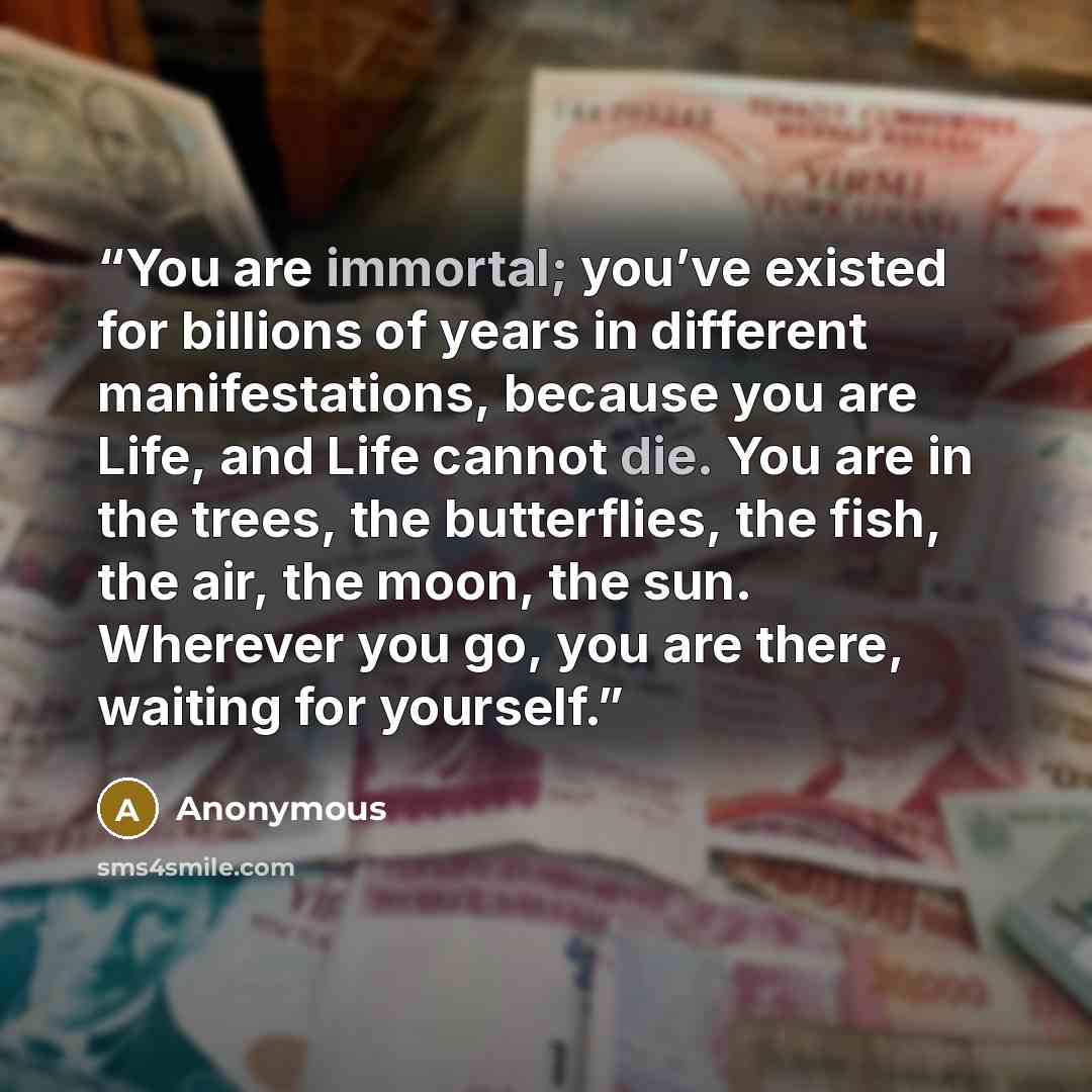 “You are immortal; you’ve existed for billions of years in different manifestations, because you are Life, and Life cannot die. You are in the trees, the butterflies, the fish, the air, the moon, the sun. Wherever you go, you are there, waiting for yourself.” quote by Anonymous