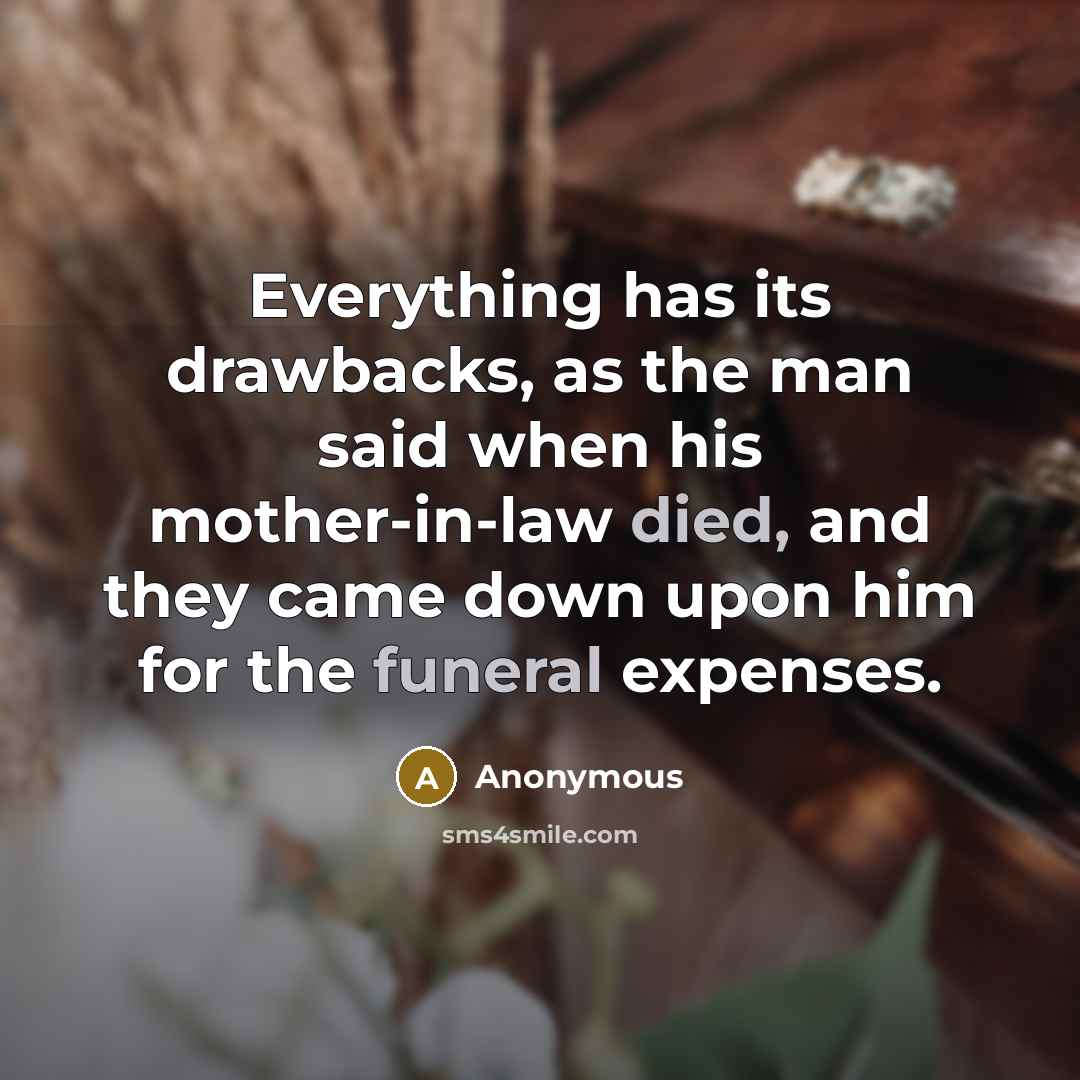 “Everything has its drawbacks, as the man said when his mother-in-law died, and they came down upon him for the funeral expenses.” quote by Anonymous