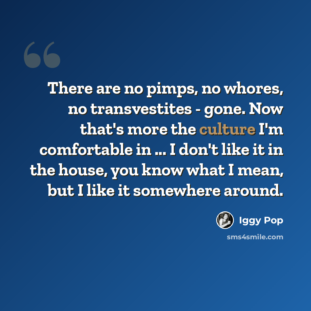 “There are no pimps, no whores, no transvestites - gone. Now that's more the culture I'm comfortable in ... I don't like it in the house, you know what I mean, but I like it somewhere around.” quote by Iggy Pop