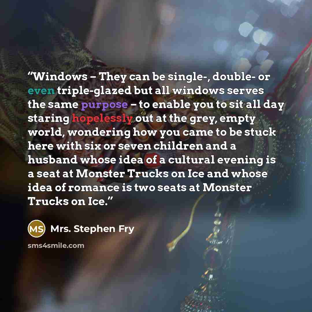 “Windows – They can be single-, double- or even triple-glazed but all windows serves the same purpose – to enable you to sit all day staring hopelessly out at the grey, empty world, wondering how you came to be stuck here with six or seven children and a husband whose idea of a cultural evening is…” quote by Mrs. Stephen Fry