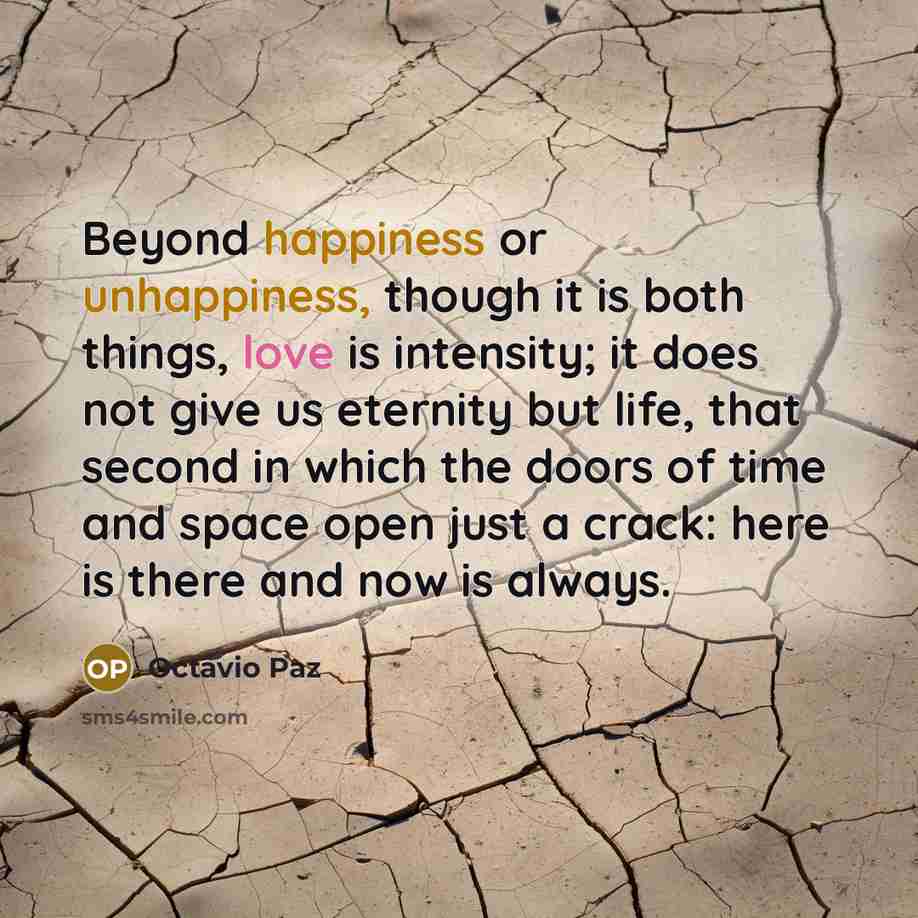 “Beyond happiness or unhappiness, though it is both things, love is intensity; it does not give us eternity but life, that second in which the doors of time and space open just a crack: here is there and now is always.” quote by Octavio Paz