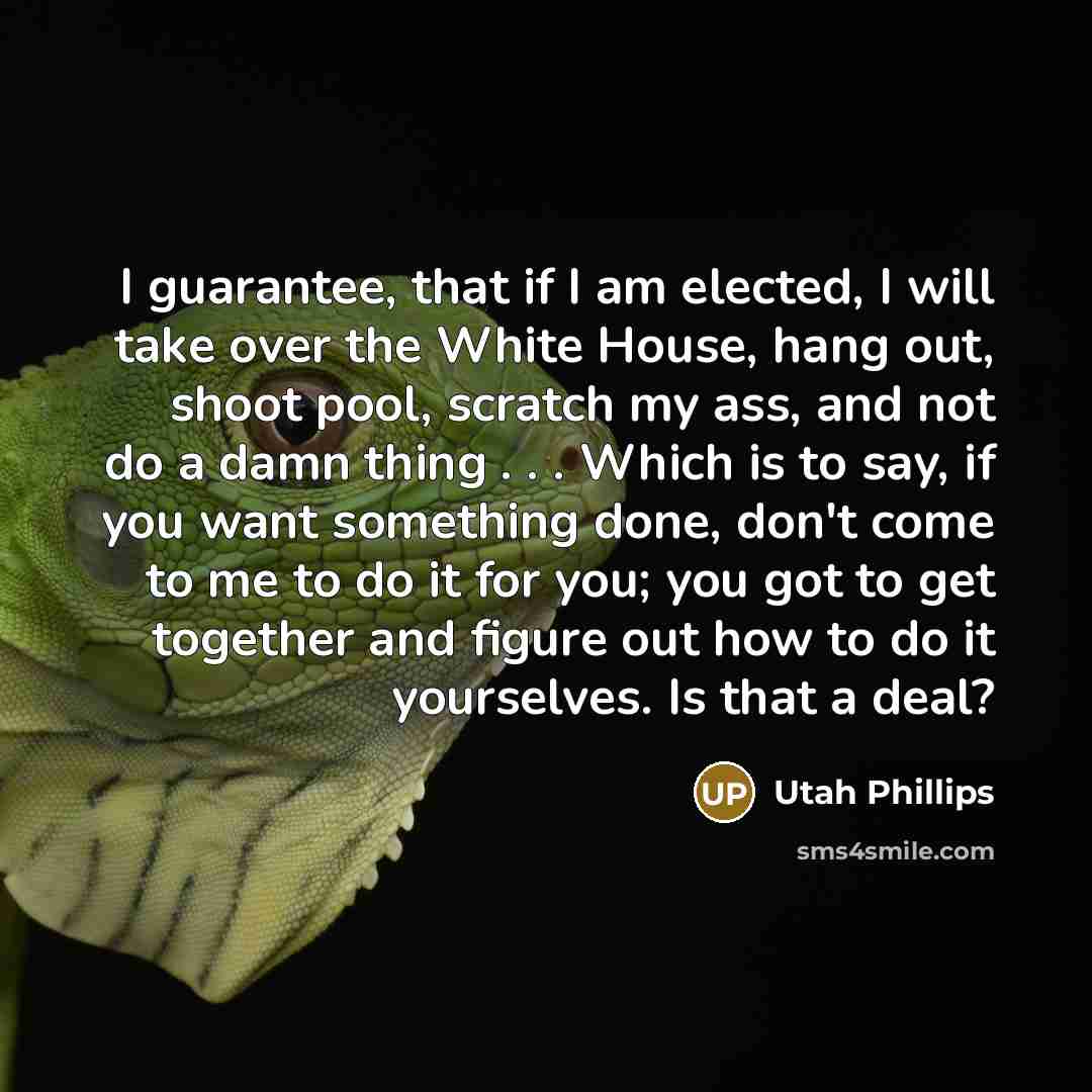 “I guarantee, that if I am elected, I will take over the White House, hang out, shoot pool, scratch my ass, and not do a damn thing . . . Which is to say, if you want something done, don't come to me to do it for you; you got to get together and figure out how to do it yourselves. Is that a deal?” quote by Utah Phillips