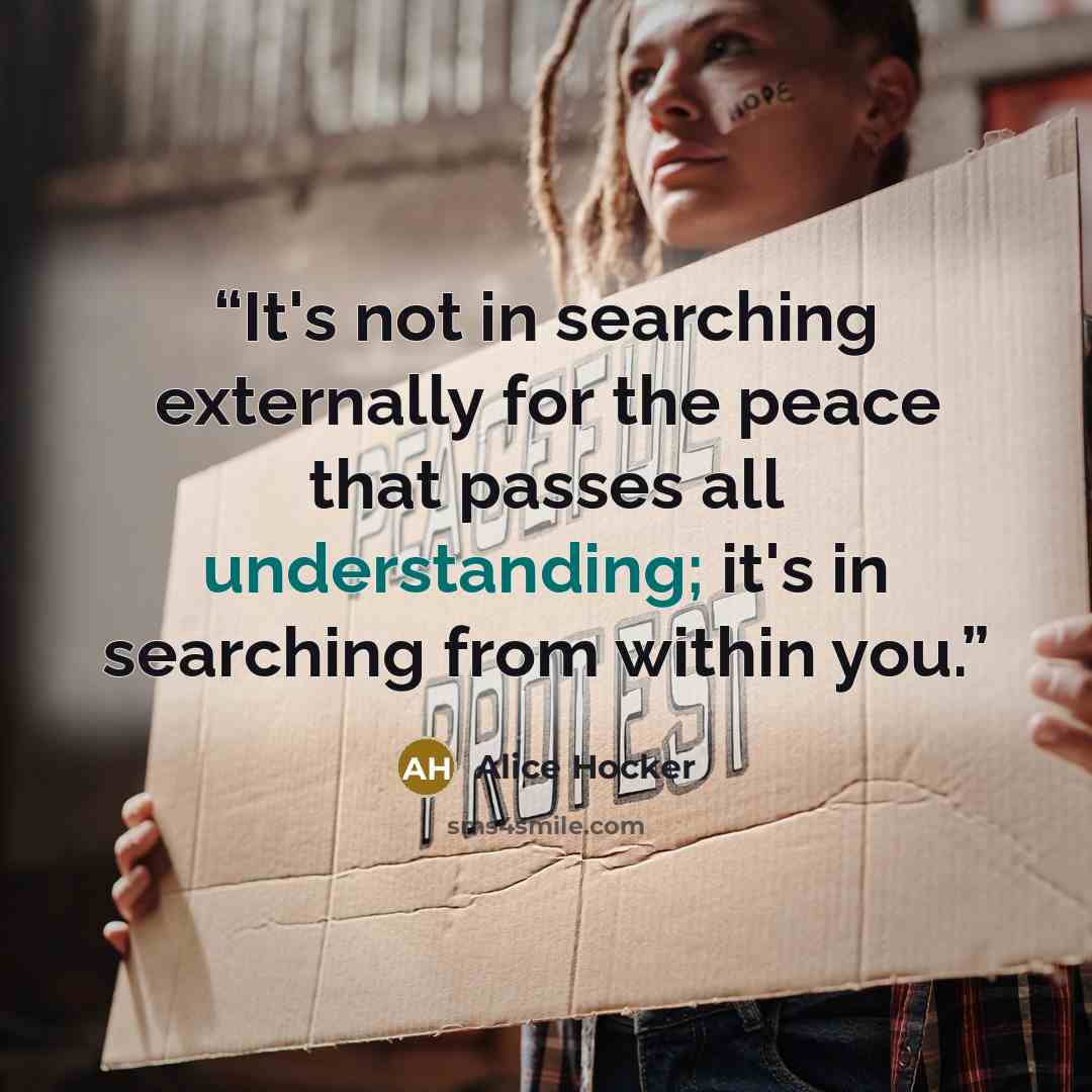 “It's not in searching externally for the peace that passes all understanding; it's in searching from within you.” quote by Alice Hocker