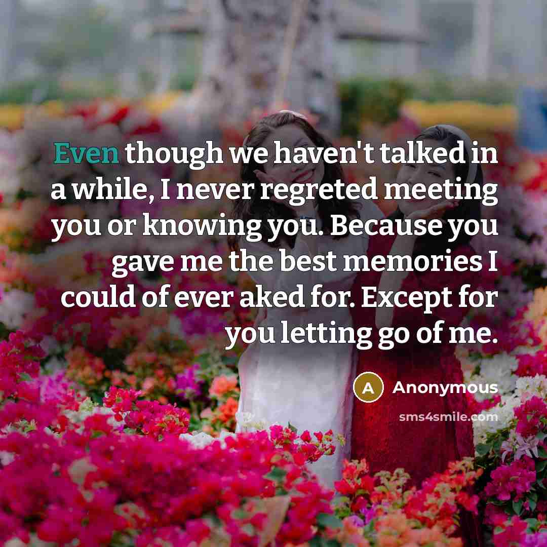 “Even though we haven't talked in a while, I never regreted meeting you or knowing you. Because you gave me the best memories I could of ever aked for. Except for you letting go of me.” quote by Anonymous