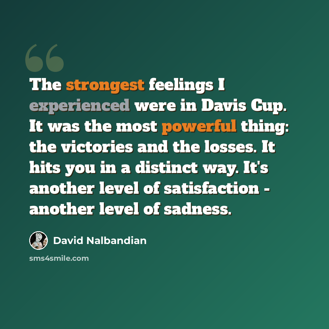 “The strongest feelings I experienced were in Davis Cup. It was the most powerful thing: the victories and the losses. It hits you in a distinct way. It's another level of satisfaction - another level of sadness.” quote by David Nalbandian