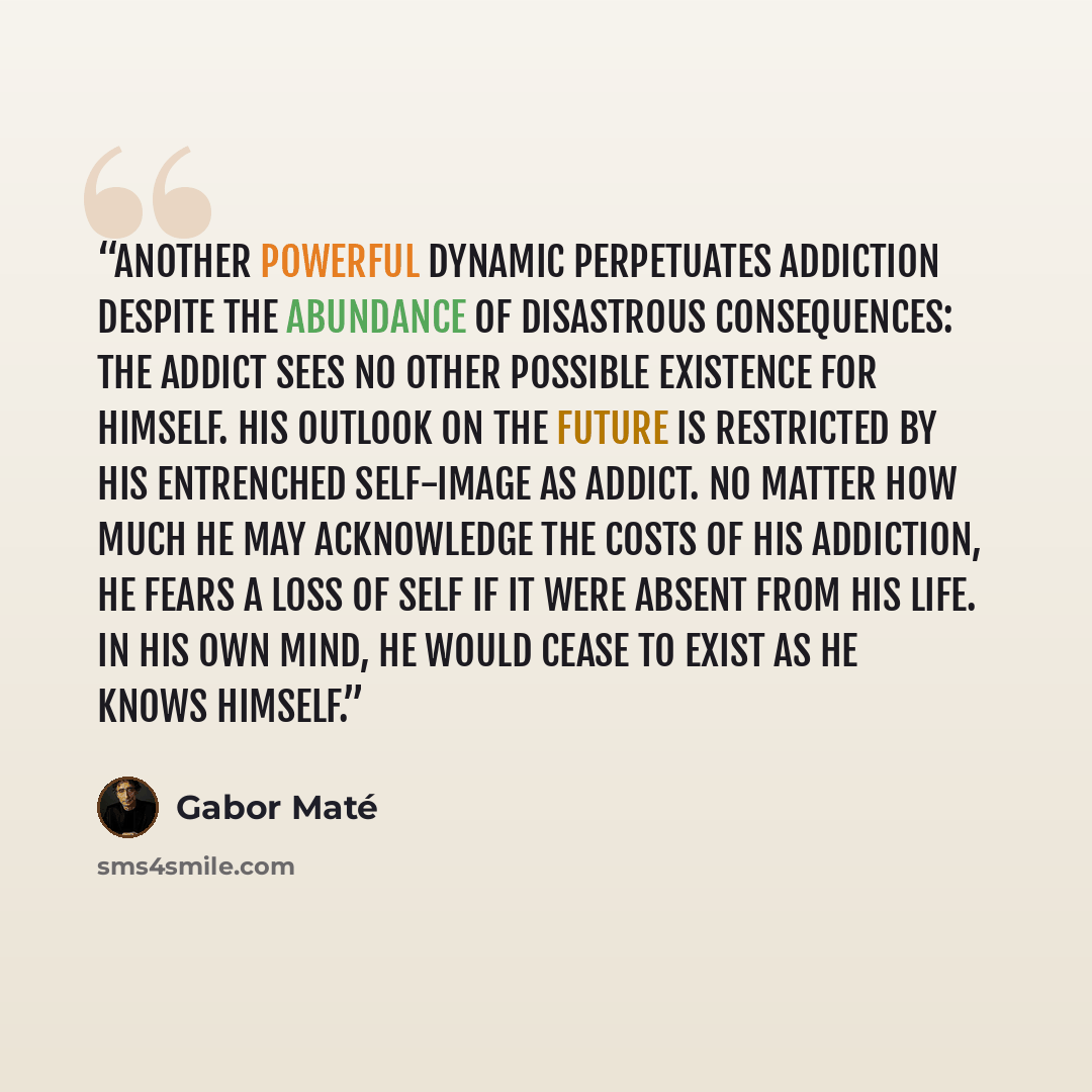 “Another powerful dynamic perpetuates addiction despite the abundance of disastrous consequences: the addict sees no other possible existence for himself. His outlook on the future is restricted by his entrenched self-image as addict. No matter how much he may acknowledge the costs of his…” quote by Gabor Maté