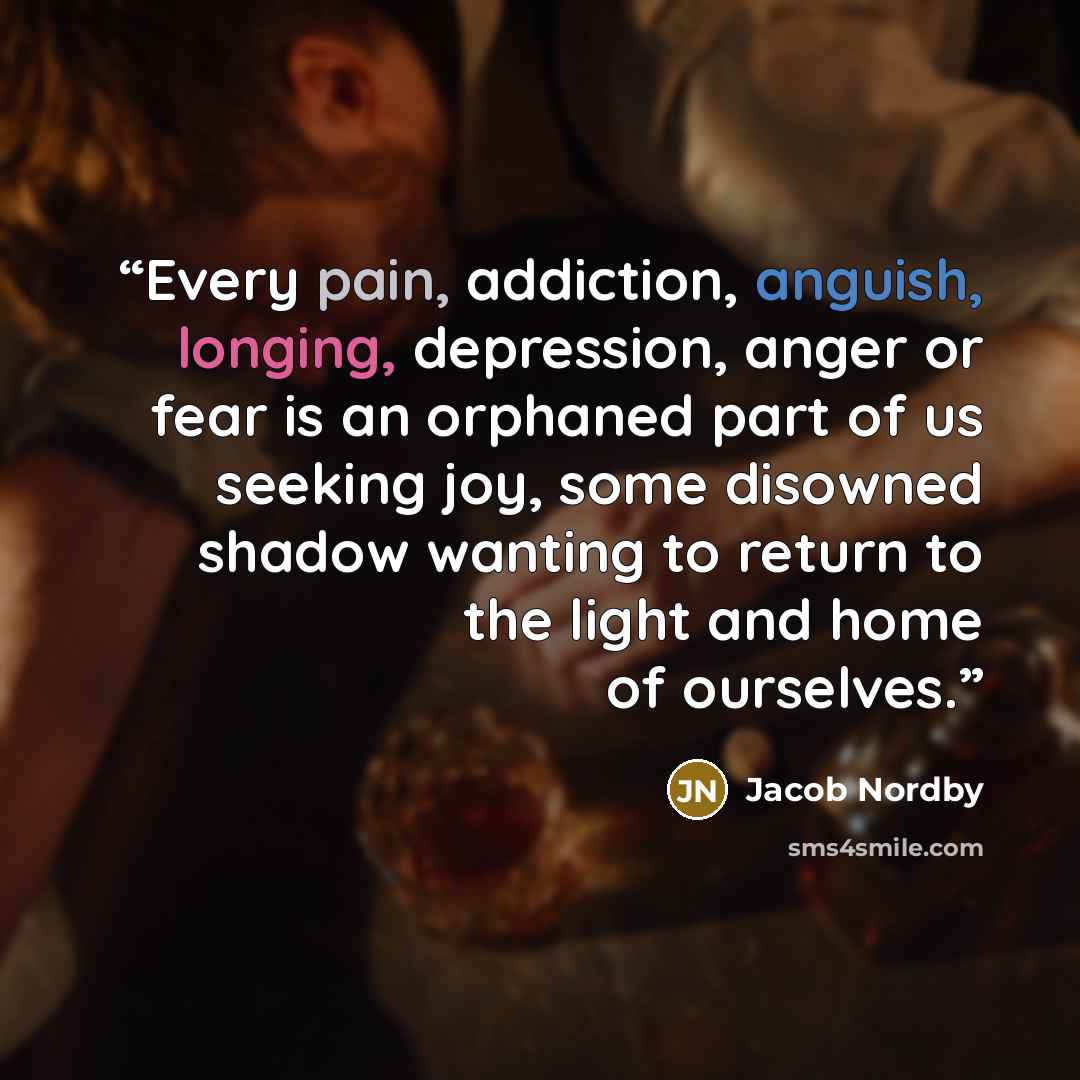 “Every pain, addiction, anguish, longing, depression, anger or fear is an orphaned part of us seeking joy, some disowned shadow wanting to return to the light and home of ourselves.” quote by Jacob Nordby
