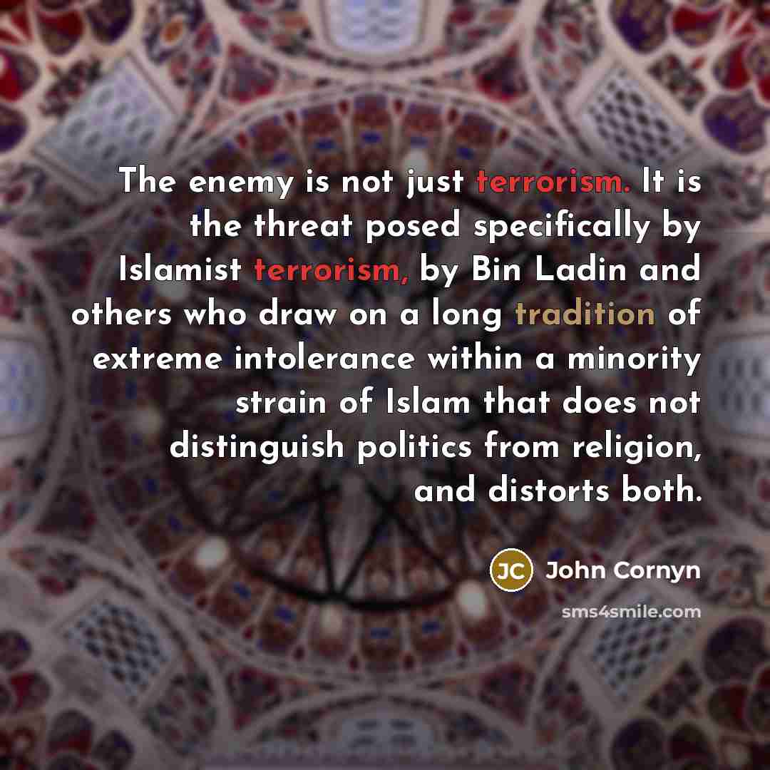“The enemy is not just terrorism. It is the threat posed specifically by Islamist terrorism, by Bin Ladin and others who draw on a long tradition of extreme intolerance within a minority strain of Islam that does not distinguish politics from religion, and distorts both.” quote by John Cornyn