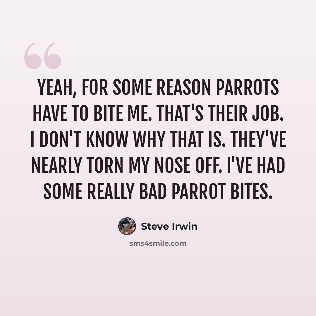 “Yeah, for some reason parrots have to bite me. That's their job. I don't know why that is. They've nearly torn my nose off. I've had some really bad parrot bites.” quote by Steve Irwin