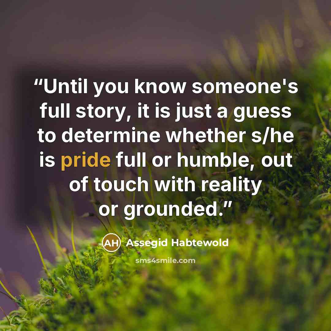 “Until you know someone's full story, it is just a guess to determine whether s/he is pride full or humble, out of touch with reality or grounded.” quote by Assegid Habtewold