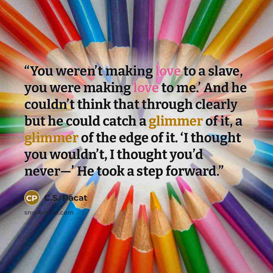 “You weren’t making love to a slave, you were making love to me.’ And he couldn’t think that through clearly but he could catch a glimmer of it, a glimmer of the edge of it. ‘I thought you wouldn’t, I thought you’d never—’ He took a step forward.” quote by C.S. Pacat