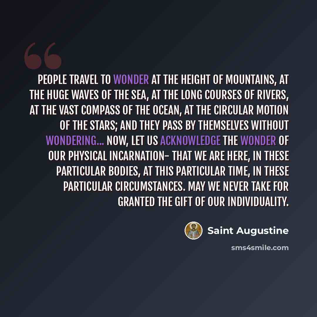 “People travel to wonder at the height of mountains, at the huge waves of the sea, at the long courses of rivers, at the vast compass of the ocean, at the circular motion of the stars; and they pass by themselves without wondering... Now, let us acknowledge the wonder of our physical incarnation…” quote by Saint Augustine