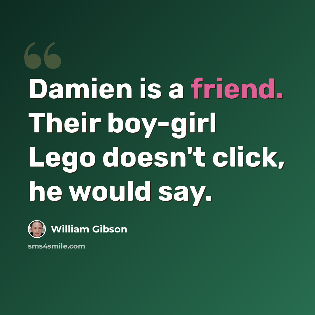“Damien is a friend. Their boy-girl Lego doesn't click, he would say.” quote by William Gibson