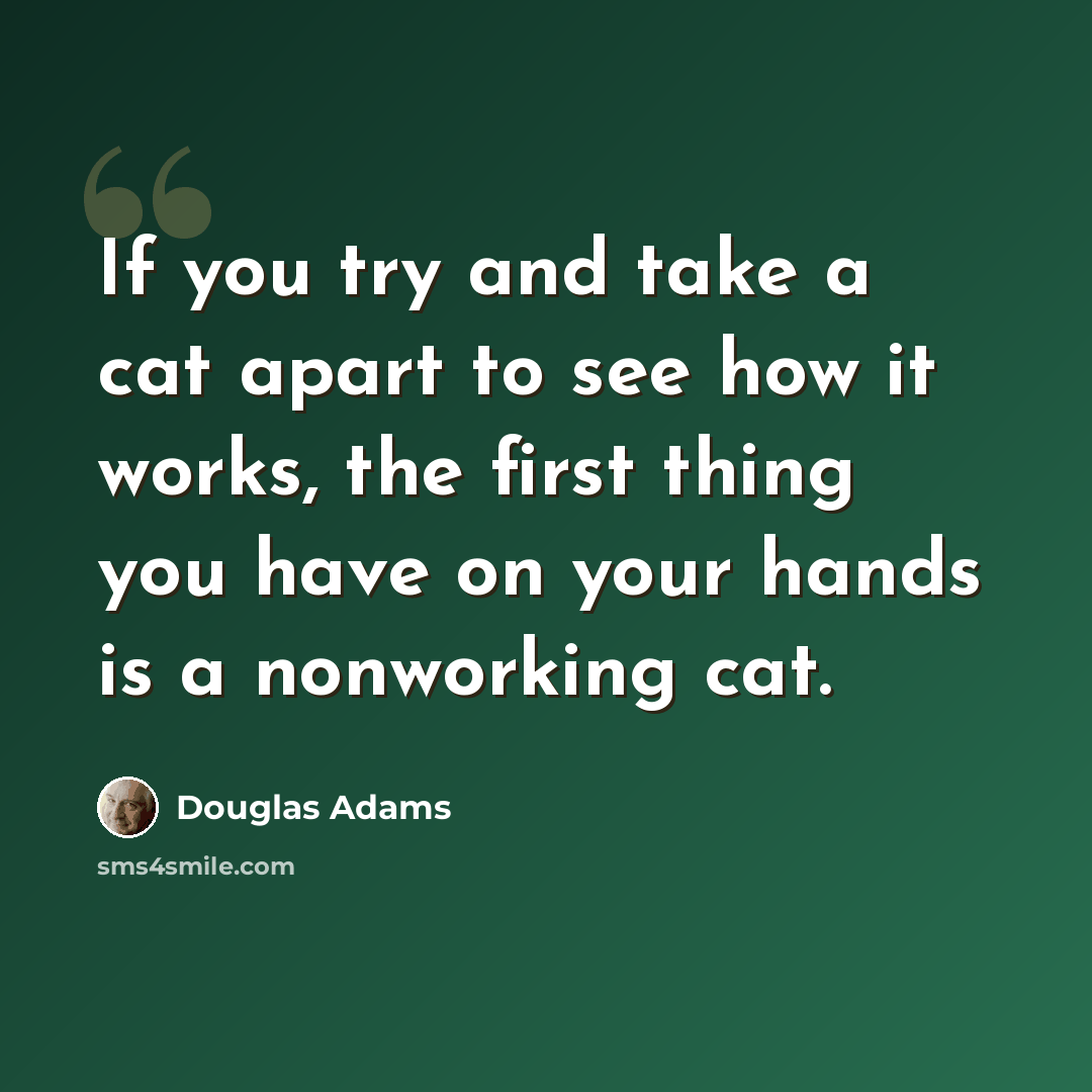 “If you try and take a cat apart to see how it works, the first thing you have on your hands is a nonworking cat.” quote by Douglas Adams