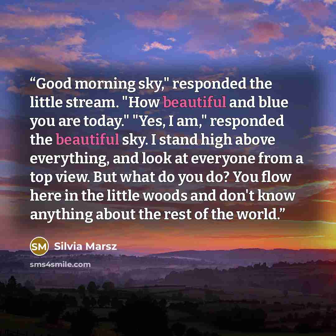 “Good morning sky," responded the little stream. "How beautiful and blue you are today." "Yes, I am," responded the beautiful sky. I stand high above everything, and look at everyone from a top view. But what do you do? You flow here in the little woods and don't know anything about the rest of the…” quote by Silvia Marsz