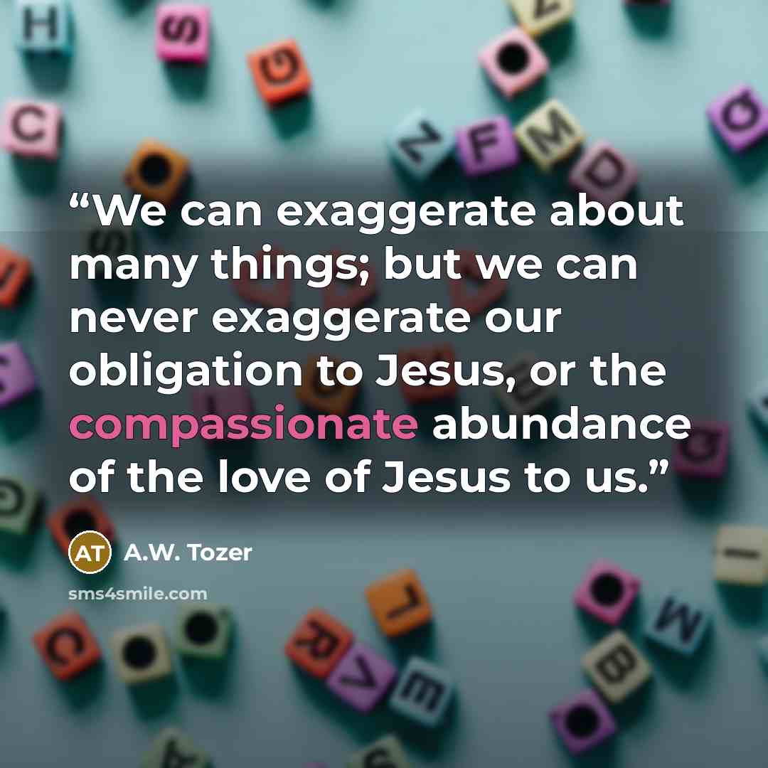 “We can exaggerate about many things; but we can never exaggerate our obligation to Jesus, or the compassionate abundance of the love of Jesus to us.” quote by A.W. Tozer