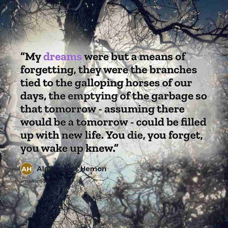 “My dreams were but a means of forgetting, they were the branches tied to the galloping horses of our days, the emptying of the garbage so that tomorrow - assuming there would be a tomorrow - could be filled up with new life. You die, you forget, you wake up knew.” quote by Aleksandar Hemon