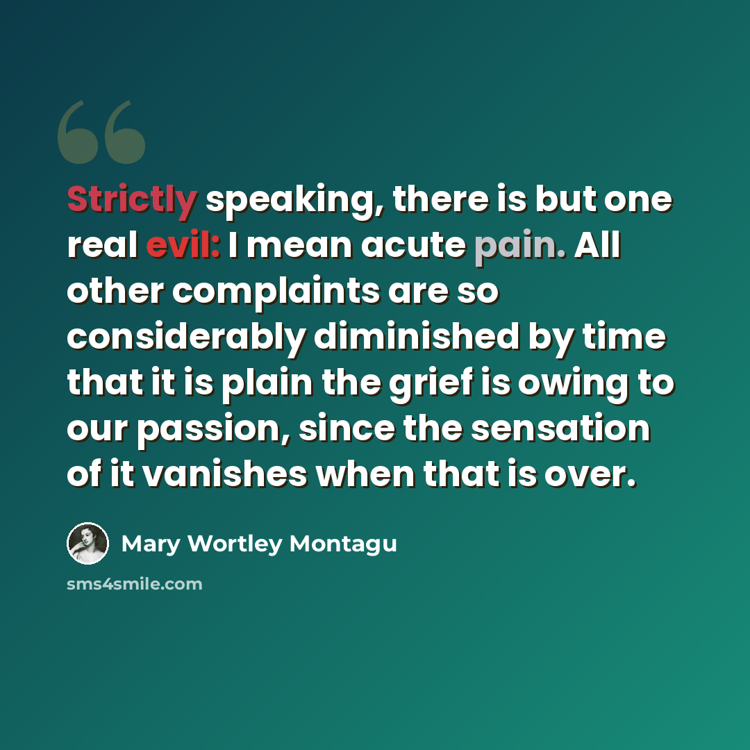 “Strictly speaking, there is but one real evil: I mean acute pain. All other complaints are so considerably diminished by time that it is plain the grief is owing to our passion, since the sensation of it vanishes when that is over.” quote by Mary Wortley Montagu