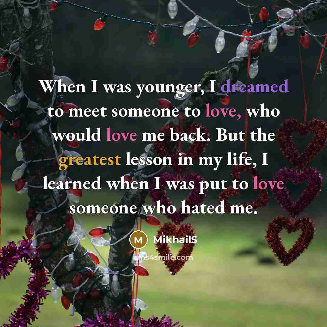 “When I was younger, I dreamed to meet someone to love, who would love me back. But the greatest lesson in my life, I learned when I was put to love someone who hated me.” quote by MikhailS