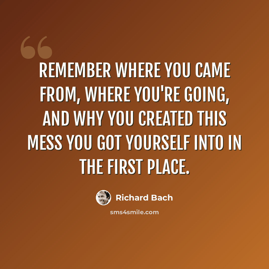“Remember where you came from, where you're going, and why you created this mess you got yourself into in the first place.” quote by Richard Bach