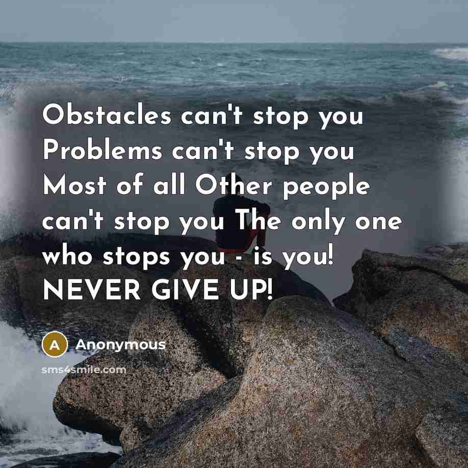 “Obstacles can't stop you Problems can't stop you Most of all Other people can't stop you The only one who stops you - is you! NEVER GIVE UP!” quote by Anonymous