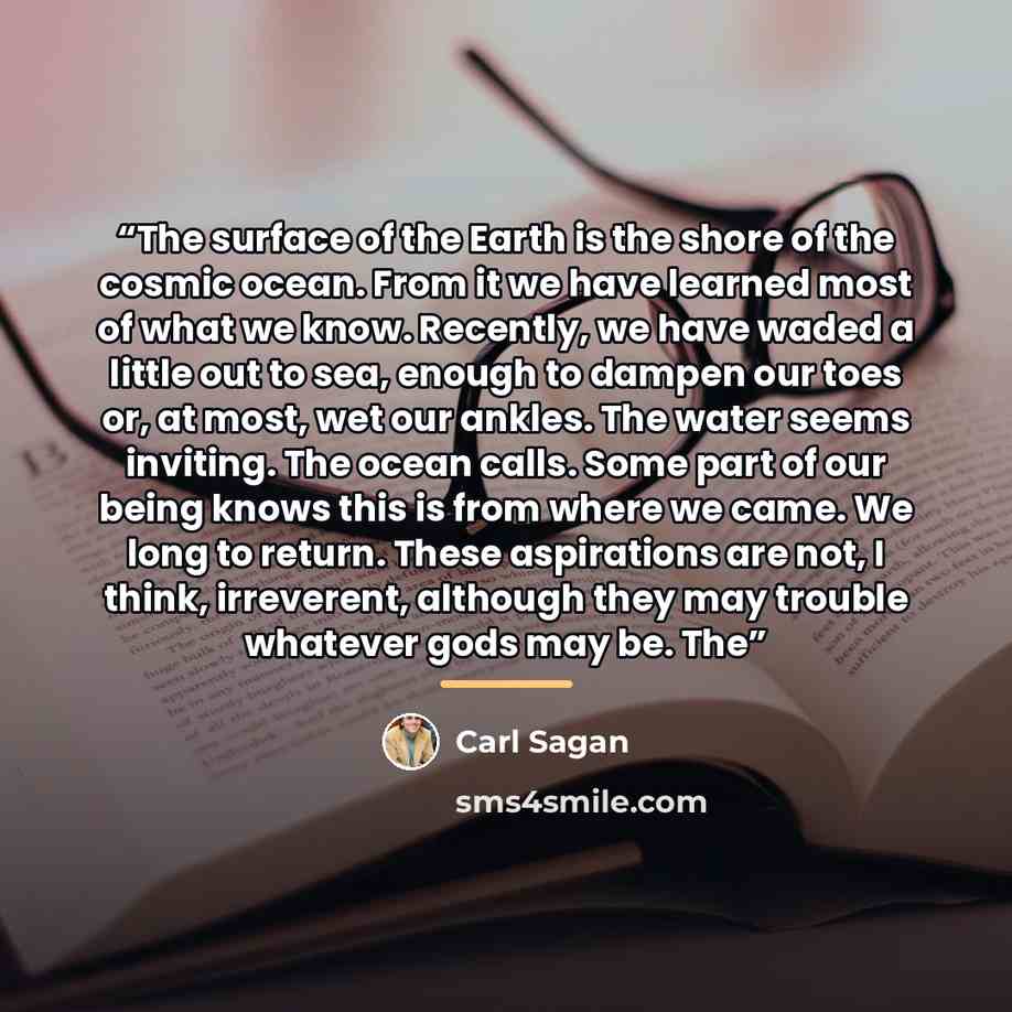 “The surface of the Earth is the shore of the cosmic ocean. From it we have learned most of what we know. Recently, we have waded a little out to sea, enough to dampen our toes or, at most, wet our ankles. The water seems inviting. The ocean calls. Some part of our being knows this is from where we…” quote by Carl Sagan