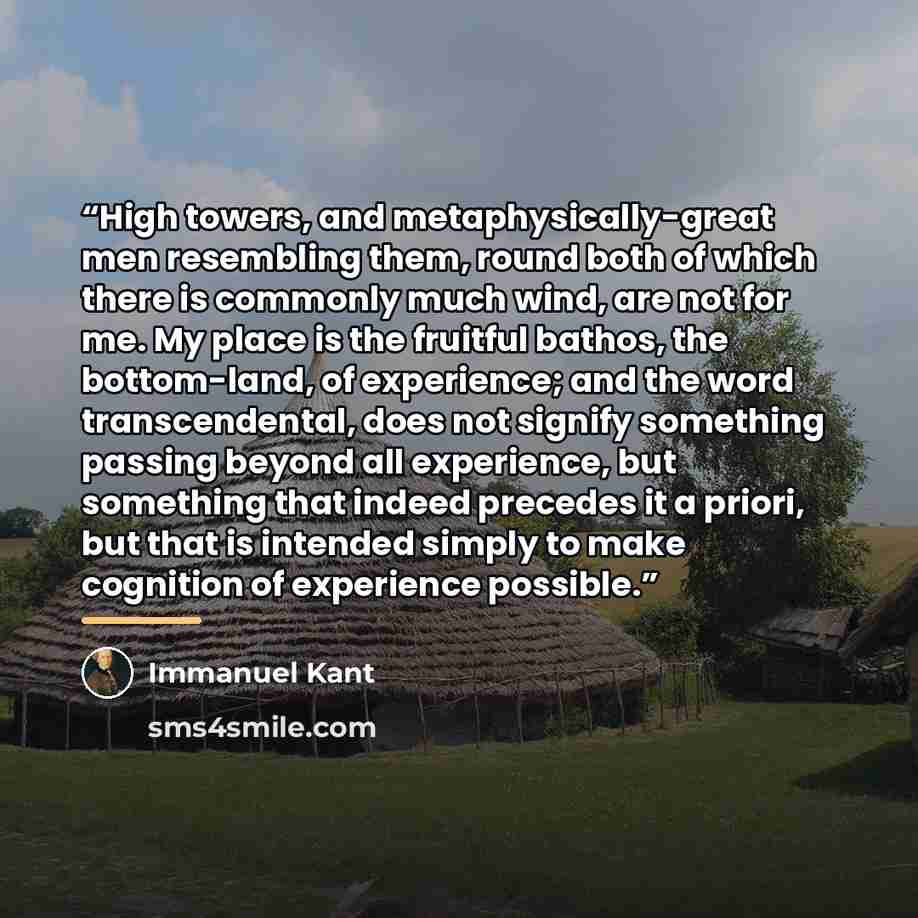 “High towers, and metaphysically-great men resembling them, round both of which there is commonly much wind, are not for me. My place is the fruitful bathos, the bottom-land, of experience; and the word transcendental, does not signify something passing beyond all experience, but something that…” quote by Immanuel Kant