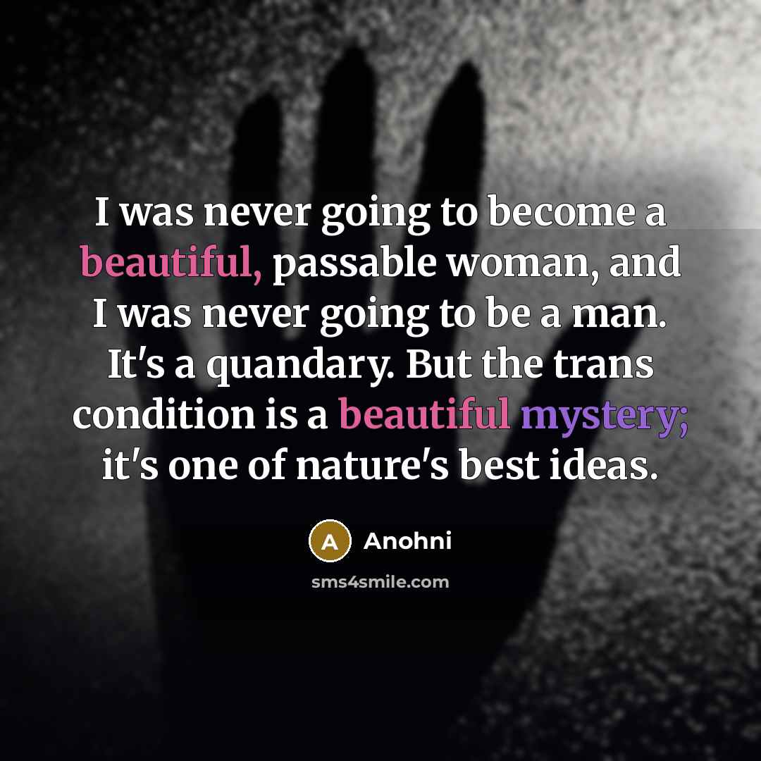 “I was never going to become a beautiful, passable woman, and I was never going to be a man. It's a quandary. But the trans condition is a beautiful mystery; it's one of nature's best ideas.” quote by Anohni