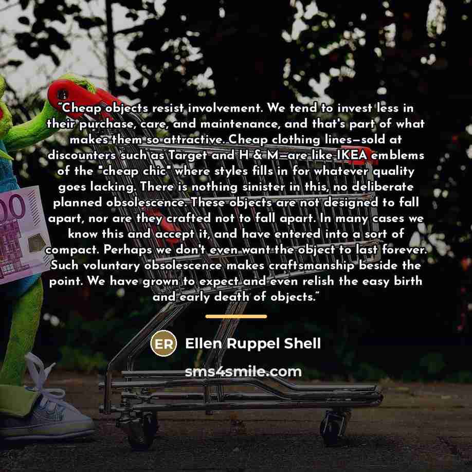 “Cheap objects resist involvement. We tend to invest less in their purchase, care, and maintenance, and that's part of what makes them so attractive. Cheap clothing lines—sold at discounters such as Target and H & M—are like IKEA emblems of the "cheap chic" where styles fills in for whatever…” quote by Ellen Ruppel Shell