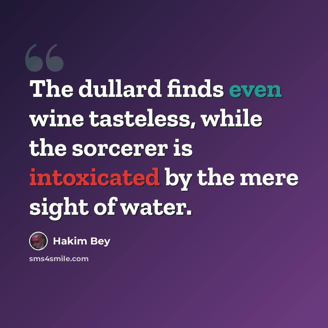 “The dullard finds even wine tasteless, while the sorcerer is intoxicated by the mere sight of water.” quote by Hakim Bey