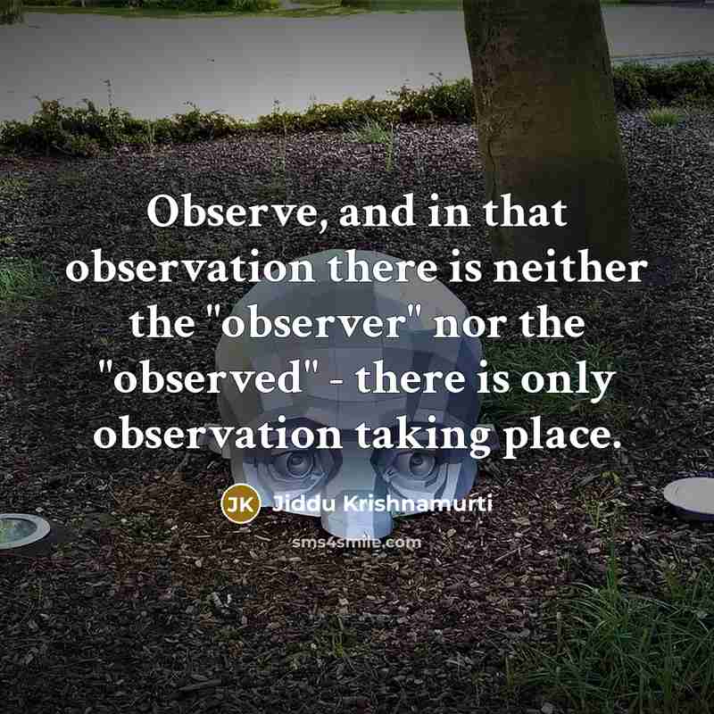 “Observe, and in that observation there is neither the "observer" nor the "observed" - there is only observation taking place.” quote by Jiddu Krishnamurti