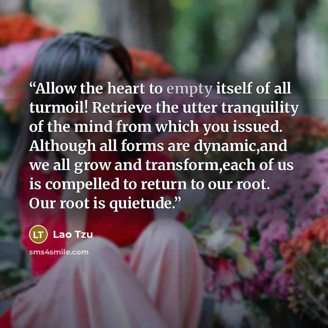 “Allow the heart to empty itself of all turmoil! Retrieve the utter tranquility of the mind from which you issued. Although all forms are dynamic,and we all grow and transform,each of us is compelled to return to our root. Our root is quietude.” quote by Lao Tzu